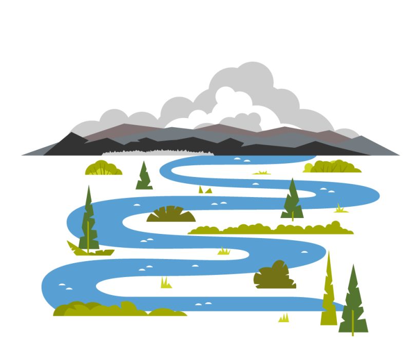 Meandering river flows from the mountains, wraps around trees and shrubs, sample geometric shapes, flat illustration on white background